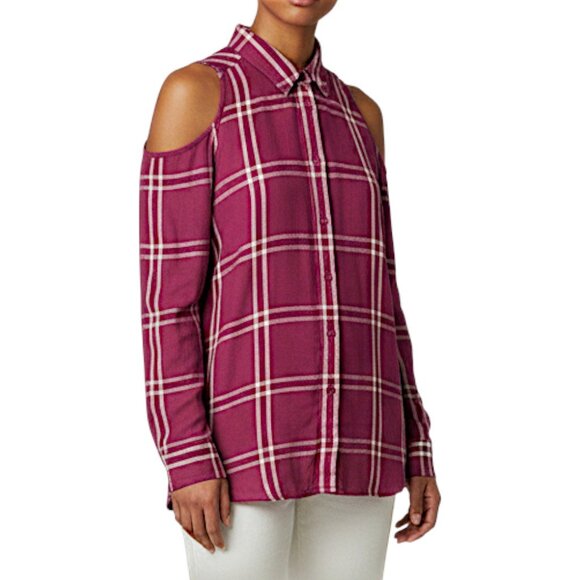 EXPRESS | Women's Burgundy Plaid Cold Shoulder Shirt - Size SP - Picture 1 of 10
